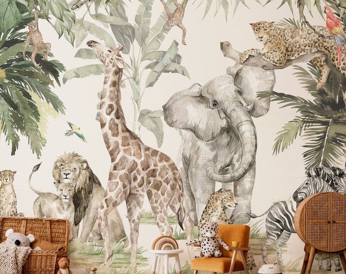 Jungle Animals Removable Wallpaper, Animal Wall Decor, Peel and Stick ...