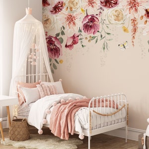 Blühendes Wandbild, abnehmbare Tapete, abziehen und aufkleben, traditionelle Tapete, florales Wandbild, Blumentapete, romantische Blumen