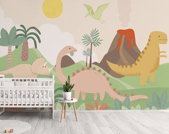 Dino World Wall Mural, Removable Wallpaper, Peel and Stick, Traditional Wallpaper, Dinosaur Wallpaper, Dinosaur Mural Kids, Nursery, Bedroom