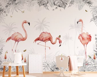 Jungle Walk Flamingos Wall Mural, Removable Wallpaper, Peel and Stick, Traditional Wallpaper, Tropical Leaves Wallpaper, Animals Wall Mural