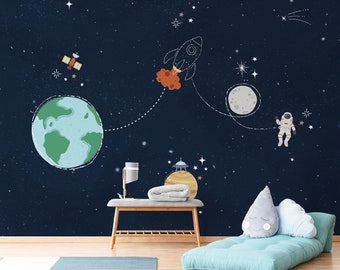 Outer Space Wall Mural, Removable Wallpaper, Peel and Stick, Traditional Wallpaper, Astronaut, Rocket, Space, Galaxy, Stars, Nursery Decor