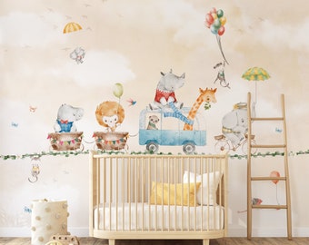 Play Trip Neutral Wall Mural, Removable Wallpaper, Peel and Stick, Traditional Wallpaper, Animals, Balloon, Sky, Clouds, Kids, Nursery Decor