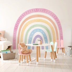 Grand autocollant amovible arc-en-ciel rose aquarelle Boho - Sticker mural arc-en-ciel pastel autocollant rose auto-adhésif peler et coller