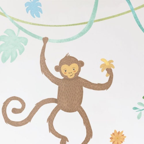 Jungle Animals Fabric Wall Sticker - Hanging Monkey - Tropical Forest Wall Sticker Set - Peel & Stick