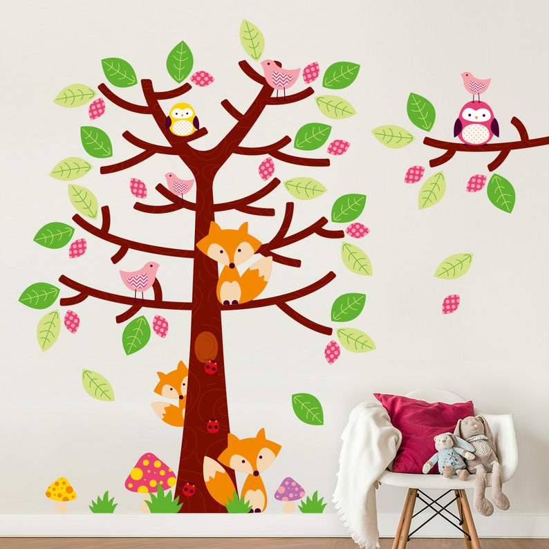 Forest Friends Tree Decal Set Fox Nursery Owl Nursery Tree And Animals Wall Sticker Set Baby Nursery Wall Decals Kids Wall Decals