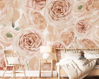 Peony Blossom Wall Mural, Removable Wallpaper, Peel and Stick, Traditional Wallpaper, Floral Wallpaper, Peony Flower, Peonies, Pink