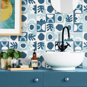 Kitchen and Bathroom Splashback Panel - Removable Vinyl Wallpaper - Boho Abstract Shapes Blue - Peel & Stick - Backsplash Stickers