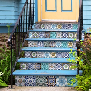 Traditional Spanish Stair Riser Stickers - Pack of 6 Removable Stair Riser Tile Decals - Peel & Stick Stair Riser Deco Strips - 48&quot; long