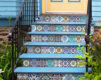 Adesivos tradicionais espanhóis para riser de escada - Pacote de 6 decalques removíveis para riser de escada - Tiras decorativas para riser de escada removível - 48&quot; de comprimento