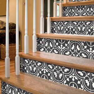 Moroccan Dark Grey Stair Riser Stickers - Pack of 6 Removable Stair Riser Tile Decals - Peel & Stick Stair Riser Deco Strips - 48" long