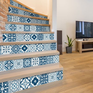 Blue Moroccan Stair Riser Stickers - Pack of 6 Removable Stair Riser Tile Decals - Peel & Stick Stair Riser Deco Strips - 48&quot; long