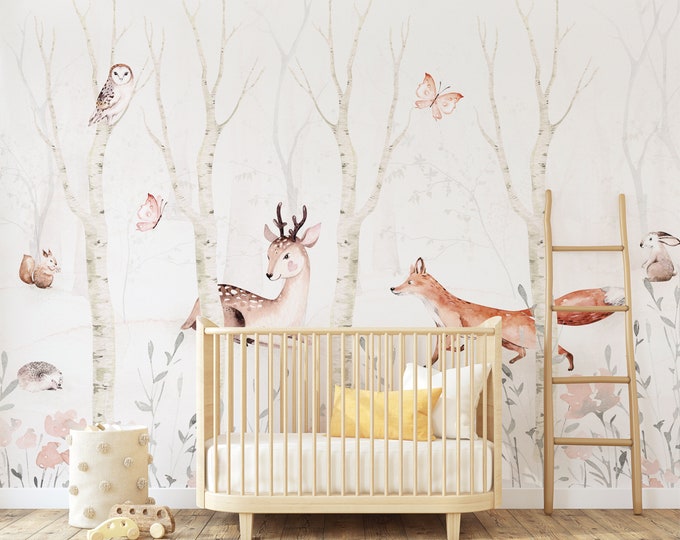 Nursery Forest Wallpaper, Nursery Boho Wall Mural, Woodland Forest