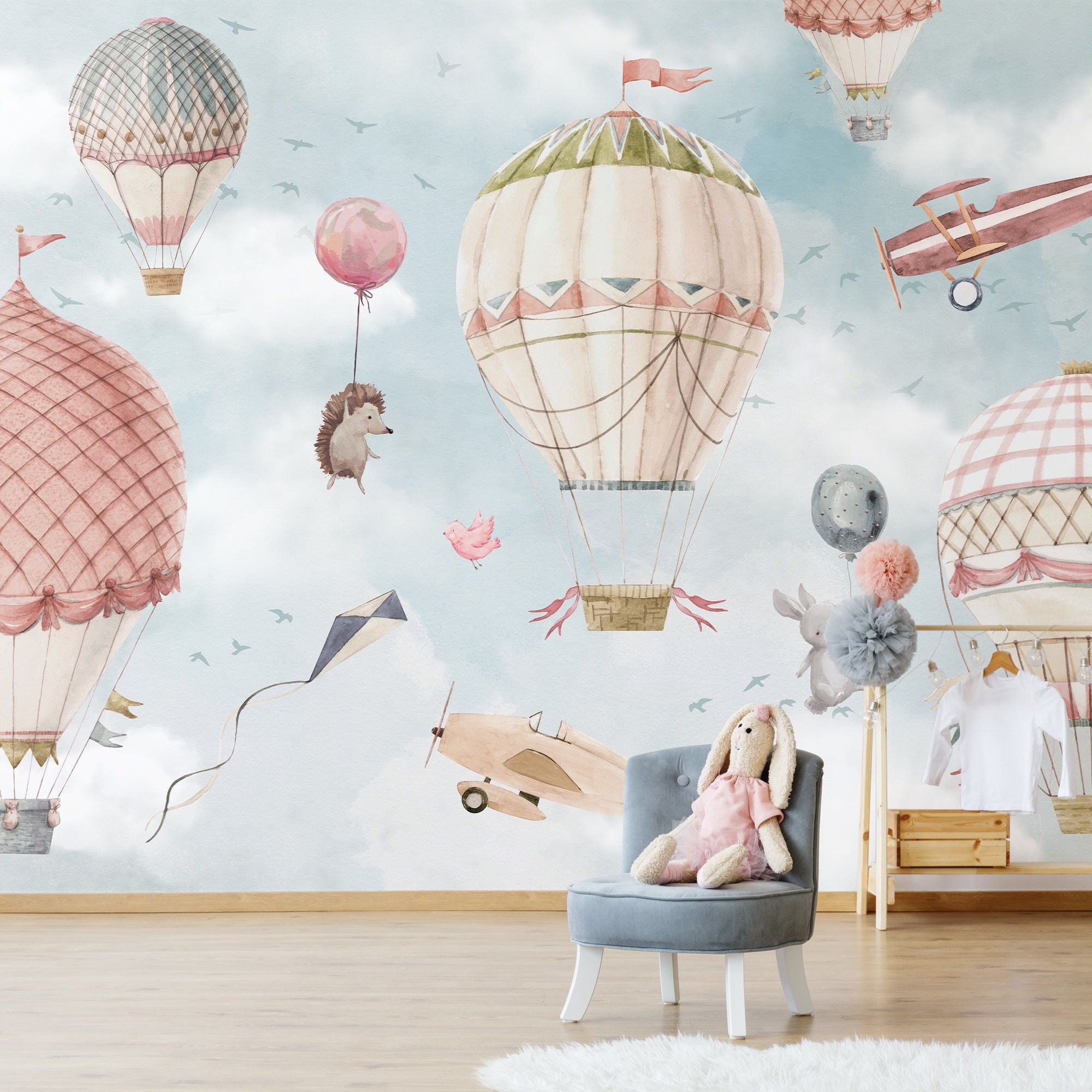 Runtoo Hot Air Balloon Wall Decals Kids Adventure Wall Stickers Bedroom Classroom Playroom Nursery Wall Art Décor