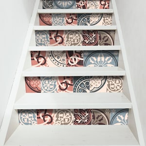 Vintage Moroccan Stair Riser Stickers - Pack of 6 Removable Stair Riser Tile Decals - Peel & Stick Stair Riser Deco Strips - 48&quot; long