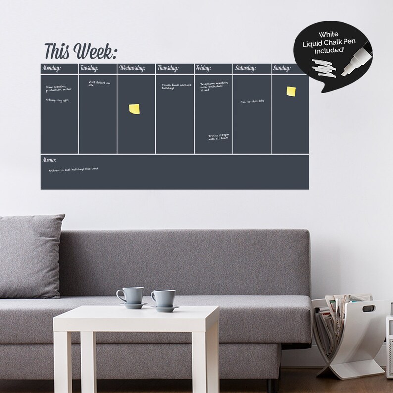 Write and Erase Weekly Calendar Weekly Planner Chalk Pen Included Calendar Vinyl Wall Sticker