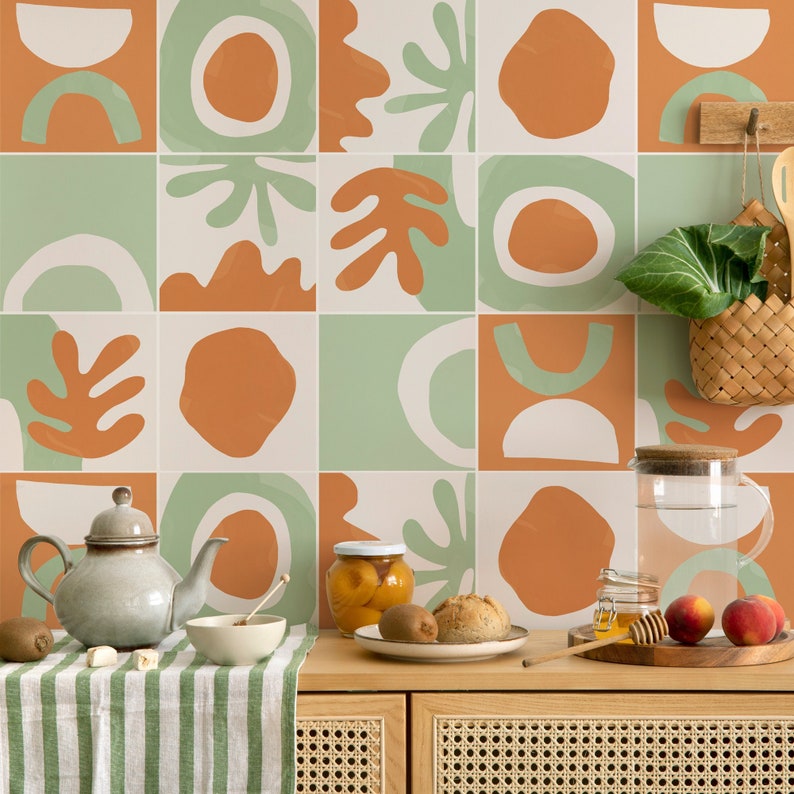 Abstract Shapes Soft Green and Carrot Orange Tile Decals Self-Adhesive Wall & Floor Tile Stickers PACK OF 12 image 1