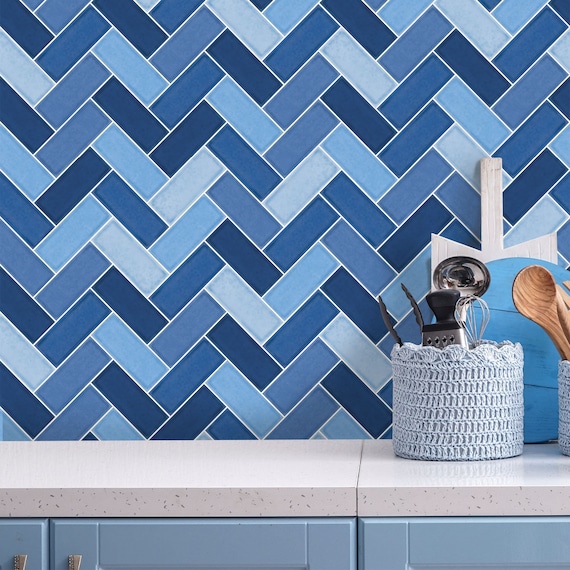Herringbone Blue Tiles Backsplash Peel and Stick in Roll - Etsy