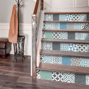 Portuguese Pastel Stair Riser Stickers - Pack of 6 Removable Stair Riser Tile Decals - Peel & Stick Stair Riser Deco Strips - 48&quot; long
