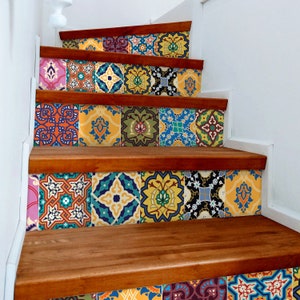 Arabic Stair Riser Stickers - Pack of 6 Removable Stair Riser Tile Decals - Peel & Stick Stair Riser Deco Strips - 48" long