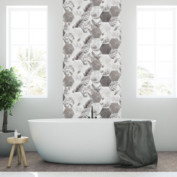 Tropical Grey Hexagon Tiles Backsplash Peel and Stick in Roll - Wall Decor - Backsplash Decals - Self Adhesive Vinyl Wallpaper