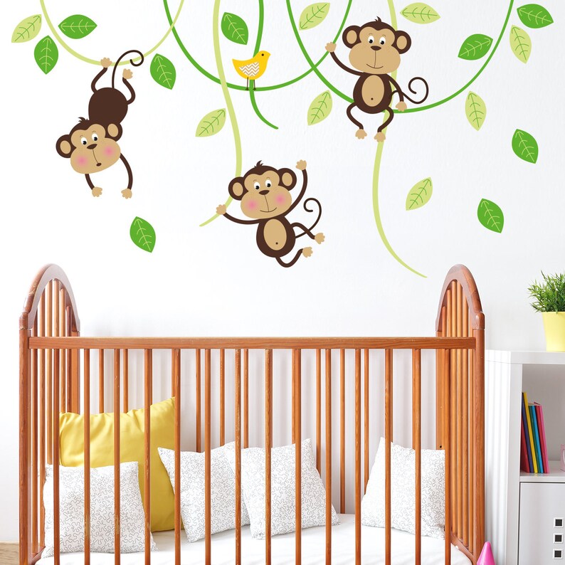 three monkeys on swings wall sticker monkey tree children | etsy