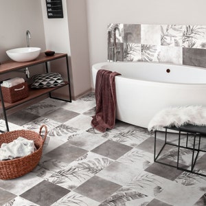 Tropical Grey Floor Tile Sticker Panel, Peel and Stick Decal, Vinyl Floor Tile Sticker, Floor decals, Carreaux de Ciment