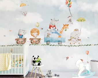 Play Trip Blue Wall Mural, Removable Wallpaper, Peel and Stick, Traditional Wallpaper, Animals, Balloons, Sky, Clouds, Kids, Nursery Decor