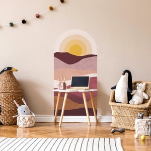 Berg Sonnenuntergang Bett Bogen Aufkleber, Bogen Kopfteil Wandaufkleber, Boho Sonne Wandaufkleber, Farbe Block Wandaufkleber, Schlafzimmer Berg Wandaufkleber