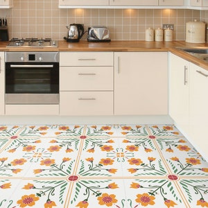 Classic Floral White Floor Tile Sticker Panel, Peel and Stick Decal, Vinyl Floor Tile Sticker, Floor decals, Carreaux de Ciment