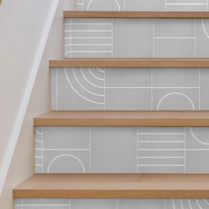 Boho Geometric Grey Stair Riser Stickers - Pack of 6 Removable Stair Riser Tile Decals - Peel & Stick Stair Riser Deco Strips - 48&quot; long