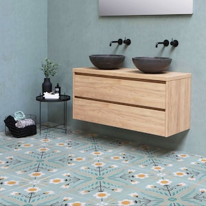 Panneau d&#39;autocollant de carrelage de sol bleu floral classique, décalque de peau et de bâton, autocollant de carrelage de sol en vinyle, décalcomanies de sol, Carreaux de Ciment