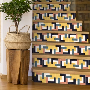 Retro Inspired Stair Riser Stickers - Pack of 6 Removable Stair Riser Tile Decals - Peel & Stick Stair Riser Deco Strips - 48&quot; long