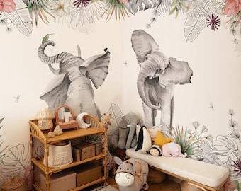 Jungle Walk Elephants Wall Mural, Removable Wallpaper, Peel and Stick, Traditional Wallpaper, Tropical Leaves Wallpaper, Animals Wall Mural