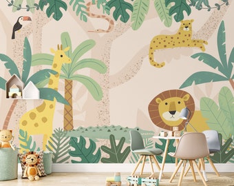 Jungle Buddies Wall Mural, Removable Wallpaper, Peel and Stick, Traditional Wallpaper, Jungle Animals, Jungle Scene, Lion, Giraffe, Tiger