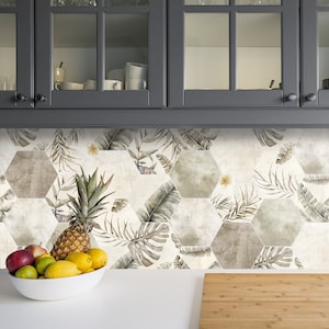 Tropical Sepia Hexagon Tiles Backsplash Peel and Stick in Roll - Wall Decor - Backsplash Decals - Self Adhesive Vinyl Wallpaper
