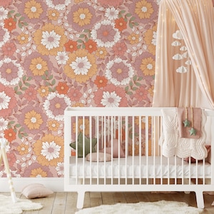 Abnehmbare Boho-Fleur-Tapete, selbstklebend, ablösen und aufkleben, traditionelles Wandbild, Retro-Blumen-Wandbild, Boho-Blumen-Tapete