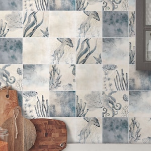 Underwater Blue Tiles Backsplash Peel and Stick in Roll - Wall Decor - Backsplash Decals - Self Adhesive Vinyl Wallpaper