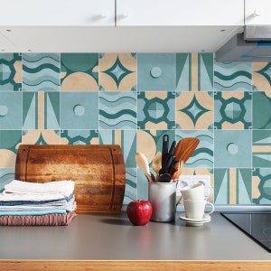 Geometric Turquoise Kitchen and Bathroom Backsplash - Removable Vinyl Wallpaper - Peel & Stick Backsplash Panel