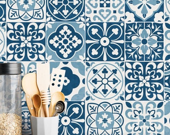 Blue Moroccan Kitchen Backsplash Peel and Stick Roll - Wall Decor - Self Adhesive Vinyl Wallpaper
