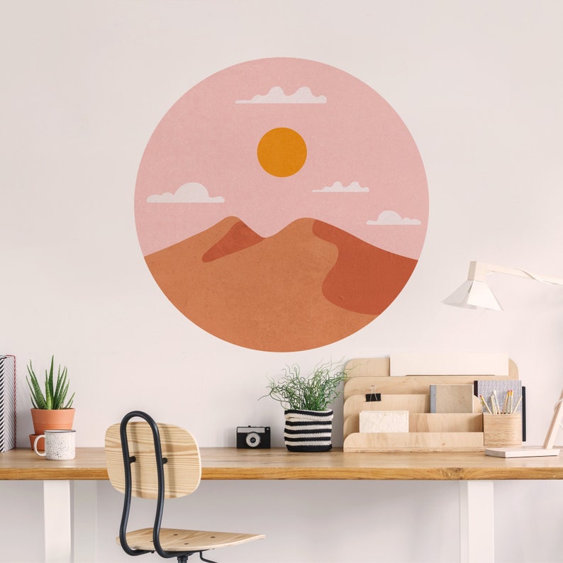 Sunrise Mountain Boho Wall Decal, Removable Wall Decal, Wall Sticker, Boho Wall Art, Bohemian Interior Decor, Landscape Wall Art image 1