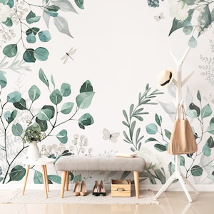 Green Eucalyptus Wall Mural, Removable Wallpaper, Peel and Stick, Traditional Wallpaper, Leaves Wallpaper, Leaves Wall Mural, Greenery