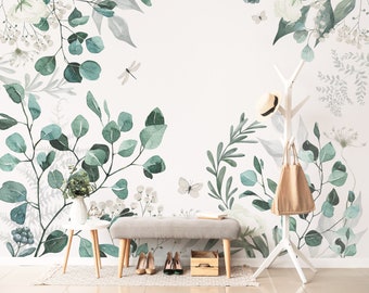 Green Eucalyptus Wall Mural, Removable Wallpaper, Peel and Stick, Traditional Wallpaper, Leaves Wallpaper, Leaves Wall Mural, Greenery