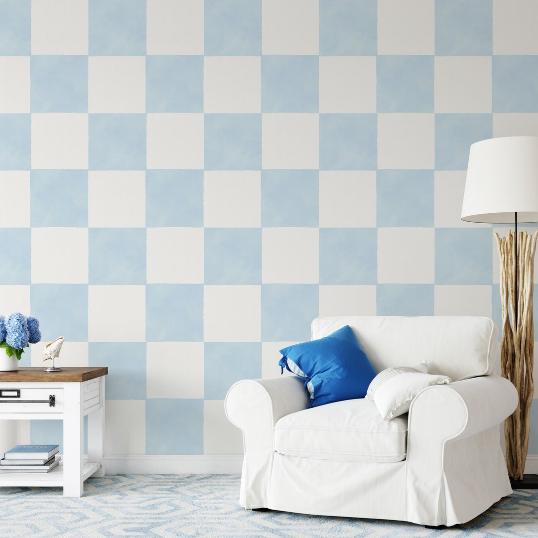 Large Checkered Blue Wallpaper, Self Adhesive Wallpaper, Peel and Stick
