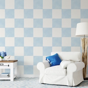 Grande carta da parati blu a scacchi, carta da parati autoadesiva, stacca e incolla, murale, carta da parati tradizionale non incollata, Boho Neutrals - CHE000