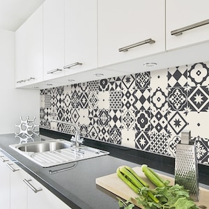 Geometric Greyscale Tiles Backsplash Peel and Stick in Roll - Wall Decor - Backsplash Decals - Self Adhesive Vinyl Wallpaper