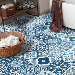 Blue Moroccan Vinyl Floor Tile Sticker Panel, Peel and Stick Decal, Vinyl Floor Tile Sticker, Floor decals, Carreaux