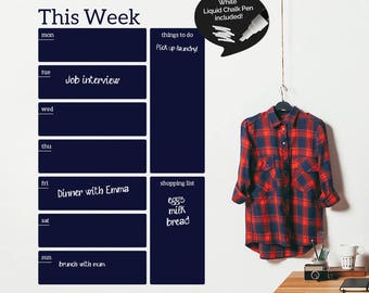 Write and Erase Weekly Calendar - Weekly Planner - Calendar Vinyl Wall Sticker - Chalk Pen Included