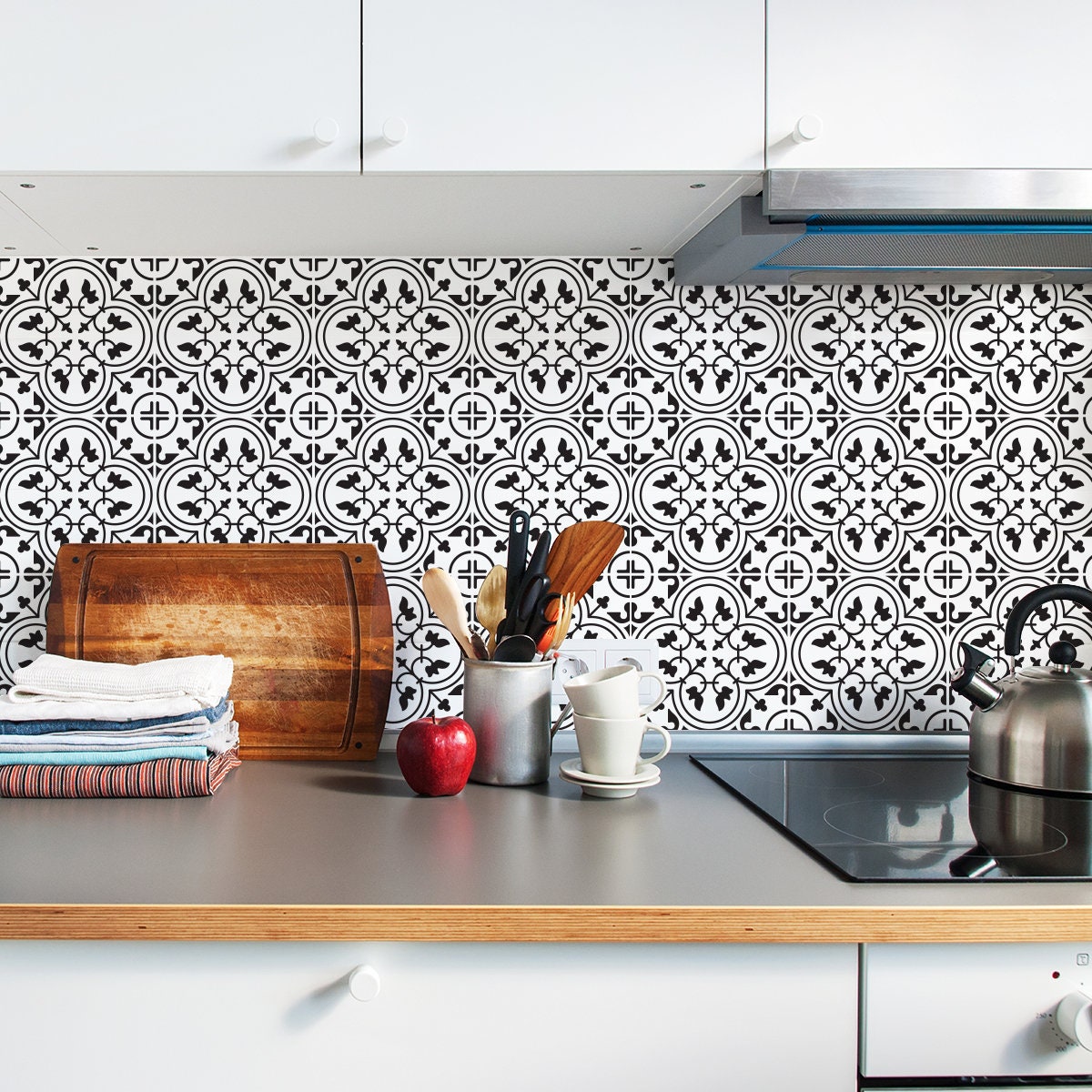 Moroccan Monochrome Tile/Wall/Stair Vinyl Decal/ Stickers, Kitchen & Bathroom Backsplash, Black and White, Removable - Pack of 24