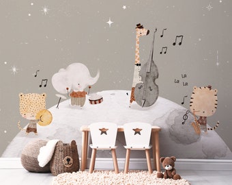 Moon Band Wall Mural, Removable Wallpaper, Peel and Stick, Traditional Wallpaper, Animals, Music, Moon, Mural for Kids, Nursery Decor