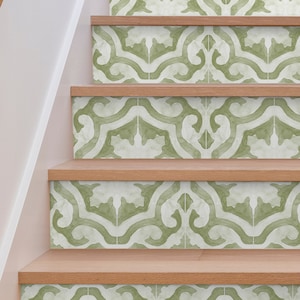 Casablanca Sage Stair Riser Stickers - Pack of 6 Removable Stair Riser Tile Decals - Peel & Stick Stairs  Deco Strips - 48&quot; long - CBSG001